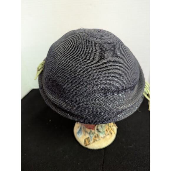 Vintage 40s The Rhodes Hat Navy Blue Straw Cloche Lilac Floral Wreath 50s main image 7